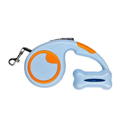 Laisse rétractable bleue pour chiens avec rangement pour sacs poubelle. Pratique, convient aux petits chiens, chihuahuas, ou aux chats. Vendu dans la boutique « Mon Petit Chihuahua »
