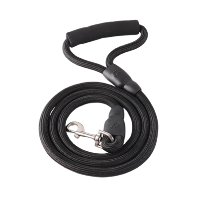 Laisse noire renforcée en nylon pour petit chien avec poignée ergonomique. Convient aux petits chiens, chihuahuas, ou aux chats.