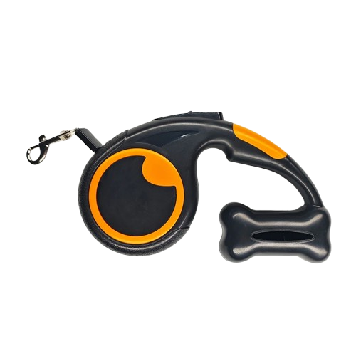 Laisse rétractable noire pour chiens avec rangement pour sacs poubelle. Pratique, convient aux petits chiens, chihuahuas, ou aux chats. Vendu dans la boutique « Mon Petit Chihuahua »
