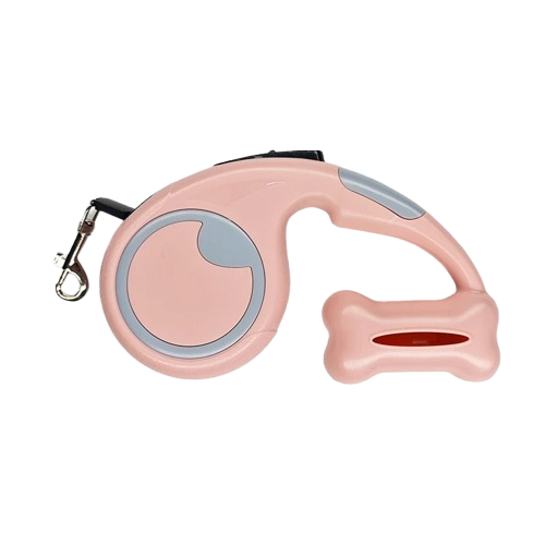 Laisse rétractable rose pour chiens avec rangement pour sacs poubelle. Pratique, convient aux petits chiens, chihuahuas, ou aux chats. Vendu dans la boutique « Mon Petit Chihuahua »
