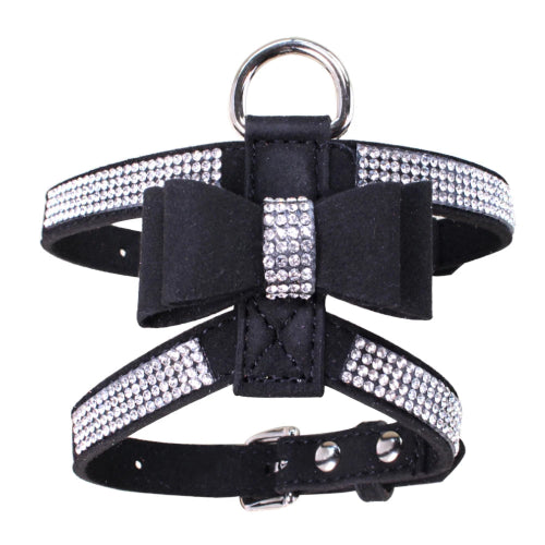 Harnais noir avec noeud papillon et strass pour chiens. Confortable, convient aux petits chiens, chihuahuas, ou aux chats. Vendu dans la boutique « Mon Petit Chihuahua »
