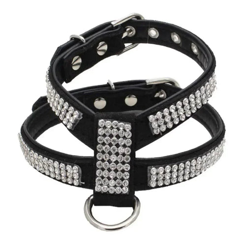 Harnais brillant noir avec strass pour chiens. Confortable, convient aux petits chiens, chihuahuas, ou aux chats. Vendu dans la boutique « Mon Petit Chihuahua »
