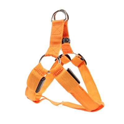 Harnais orange lumineux LED pour petit chien. Réglable et confortable, convient aux petits chiens, chihuahuas, ou aux chats.