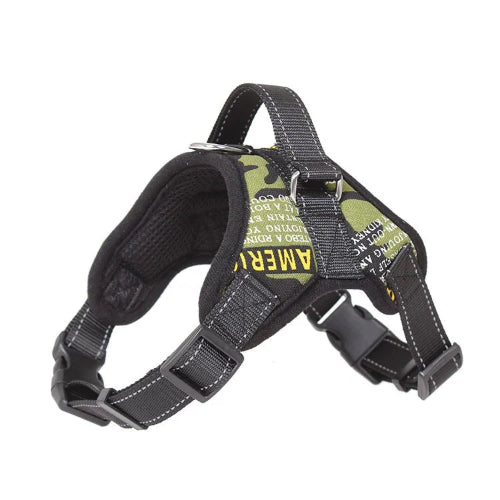 Harnais renforcé aux motifs militaires et noir pour petit chien. Réglable et confortable, convient aux petits chiens, chihuahuas, ou aux chats.