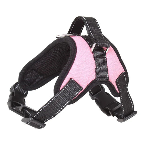 Harnais renforcé rose et noir pour petit chien. Réglable et confortable, convient aux petits chiens, chihuahuas, ou aux chats.