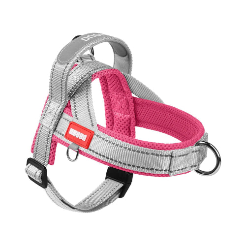 Harnais résistant gris et rose pour chiens. Confortable, convient aux petits chiens, chihuahuas, ou aux chats. Vendu dans la boutique « Mon Petit Chihuahua »
