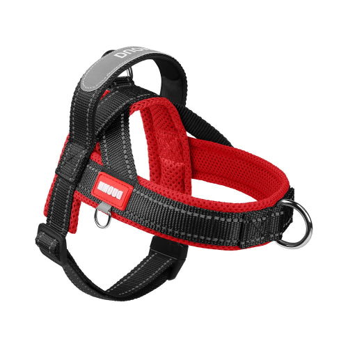 Harnais résistant noir et rouge pour chiens. Confortable, convient aux petits chiens, chihuahuas, ou aux chats. Vendu dans la boutique « Mon Petit Chihuahua »
