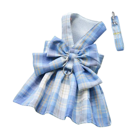 Chihuahua Harness: Blue Plaid Dress + Leash