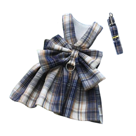 Chihuahua Harness: Navy Blue Plaid Dress + Leash