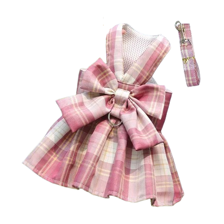 Harnais pour chiens en forme de Robe rose à carreaux. Vendu avec sa Laisse assortie. Confortable, convient aux petits chiens, chihuahuas, ou aux chats. Vendu dans la boutique « Mon Petit Chihuahua »