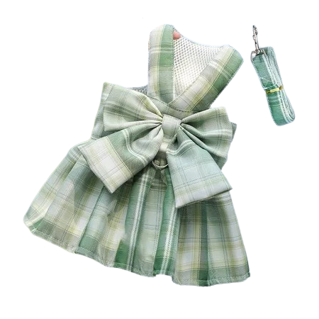 Harnais pour chiens en forme de Robe verte à carreaux. Vendu avec sa Laisse assortie. Confortable, convient aux petits chiens, chihuahuas, ou aux chats. Vendu dans la boutique « Mon Petit Chihuahua »
