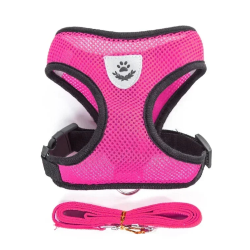Harnais rose et noir pour petit chien avec sa laisse assortie. Confortable, convient aux petits chiens, chihuahuas, ou aux chats.