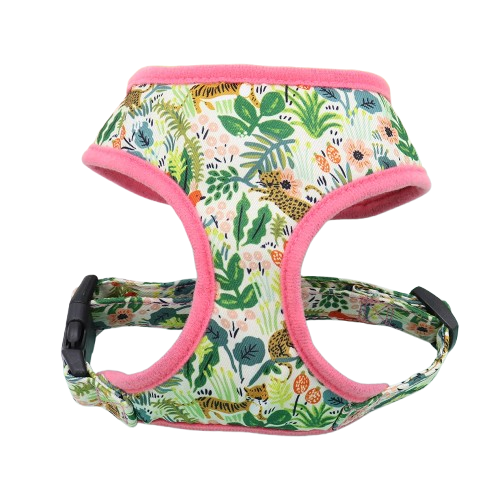 Harnais rose et vert avec motifs fleurs pour chiens. Confortable, convient aux petits chiens, chihuahuas, ou aux chats. Vendu dans la boutique « Mon Petit Chihuahua »
