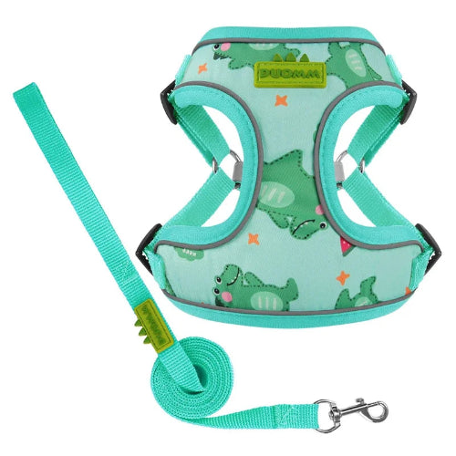 Harnais Chihuahua : Vert avec motifs Crocodiles + Laisse