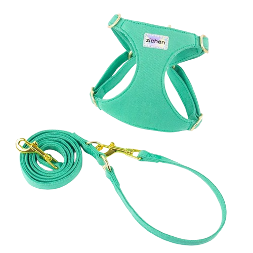 Harnais vert et doré pour chiens. Vendu avec sa Laisse assortie. Confortable, convient aux petits chiens, chihuahuas, ou aux chats. Vendu dans la boutique « Mon Petit Chihuahua »
