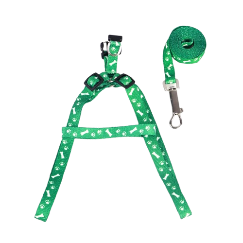 Harnais vert motif os pour petit chien avec sa laisse assortie. Confortable, convient aux petits chiens, chihuahuas, ou aux chats.