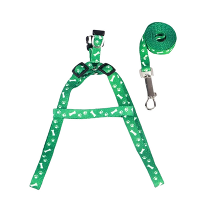 Harnais vert motif os pour petit chien avec sa laisse assortie. Confortable, convient aux petits chiens, chihuahuas, ou aux chats.