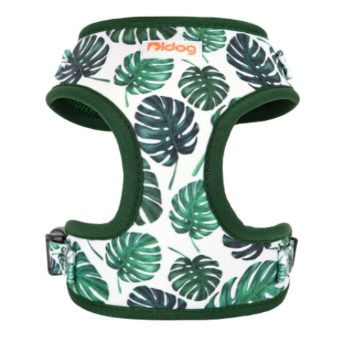 Harnais pour chiens vert avec motifs feuilles. Confortable, convient aux petits chiens, chihuahuas, ou aux chats. Vendu dans la boutique « Mon Petit Chihuahua »