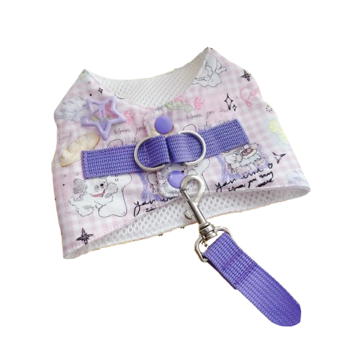 Harnais pour chiens violet avec motifs Chiots. Vendu avec sa Laisse assortie. Confortable, convient aux petits chiens, chihuahuas, ou aux chats. Vendu dans la boutique « Mon Petit Chihuahua »