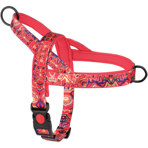 Harnais rouge avec motifs colorés résistant en nylon pour chiens. Confortable, convient aux petits chiens, chihuahuas, ou aux chats. Vendu dans la boutique « Mon Petit Chihuahua »