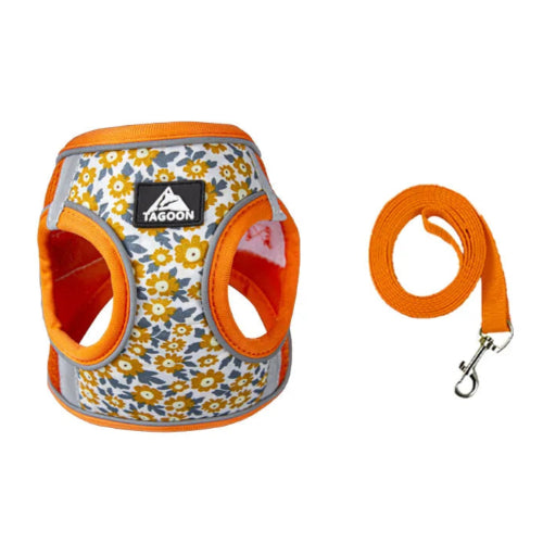Harnais orange résistant avec motifs pâquerettes pour chiens. Vendu avec avec sa laisse assortie. Confortable, convient aux petits chiens, chihuahuas, ou aux chats.