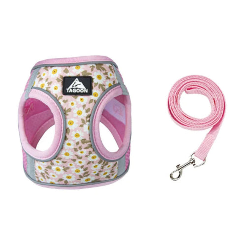 Harnais rose résistant avec motifs pâquerettes pour chiens. Vendu avec avec sa laisse assortie. Confortable, convient aux petits chiens, chihuahuas, ou aux chats.
