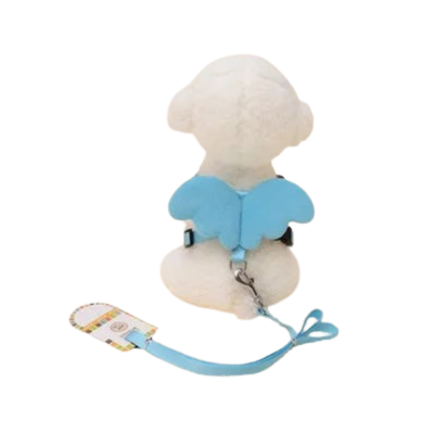 Harnais bleu avec ailes d’ange en relief et sa laisse assortie pour petit chien. Réglable et confortable, convient aux petits chiens, chihuahuas, ou aux chats.