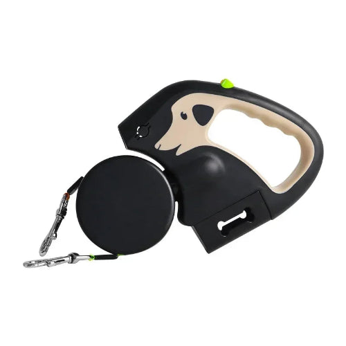 Double laisse rétractable noire et beige pour deux chiens. Pratique, convient aux petits chiens, chihuahuas, ou aux chats. Vendu dans la boutique « Mon Petit Chihuahua »
