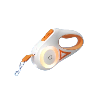 Double Laisse rétractable orange et blanche avec éclairage LED pour chiens. Pratique, convient aux petits chiens, chihuahuas, ou aux chats. Vendu dans la boutique « Mon Petit Chihuahua »
