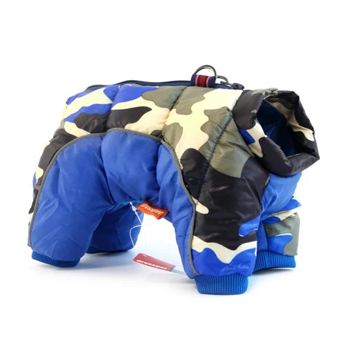 Chihuahua-Mantel: Blauer Camouflage-Overall mit Polsterung