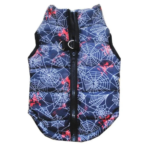 Manteau pour Chihuahua : doudoune bleue motifs toiles d'araignée – Confortable, parfait pour protéger votre petit chien ou chat pendant les promenades