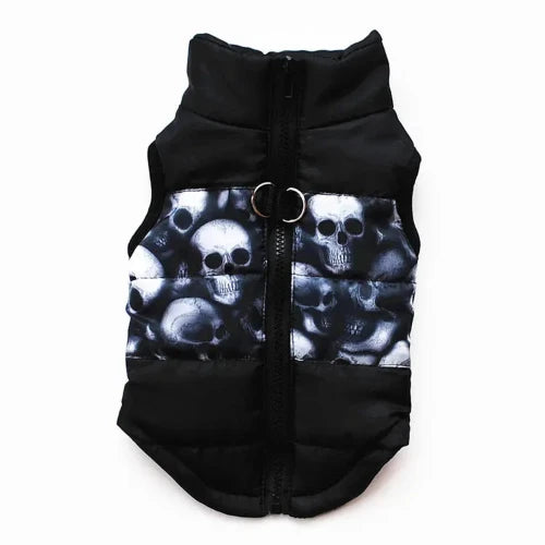 Chihuahua Coat: Black Down Jacket with Skull Pattern