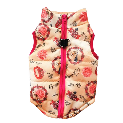 Manteau pour Chihuahua : doudoune beige et rouge motifs amour – Confortable, parfait pour protéger votre petit chien ou chat pendant les promenades