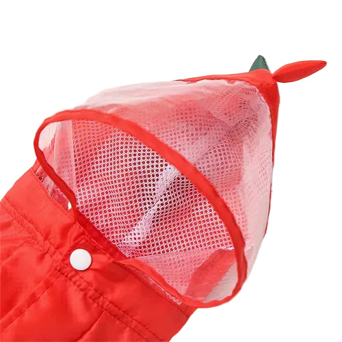Manteau pour Chihuahua : imperméable kway rouge avec capuche transparente. Motifs grenouille sur la capuche.Confortable, parfait pour protéger votre petit chien ou chat les jours de pluie. Vue des détails du kway