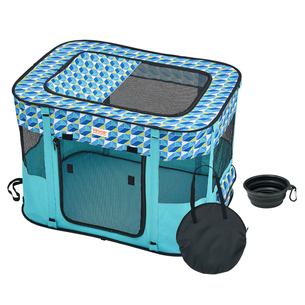 Niche pour Chihuahua : Parc pliable rectangulaire bleu avec toit. Pratique pour rassurer votre petit chien ou chat lors de vos voyages avec une niche qu'il connait. Avec une gamelle pliable