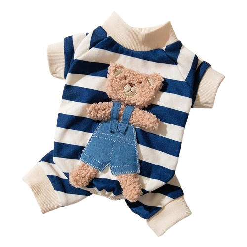 Pyjama blanc et bleu à rayures avec motif ours pour Chihuahua – Confortable pour garder votre petit chien ou chat au chaud
