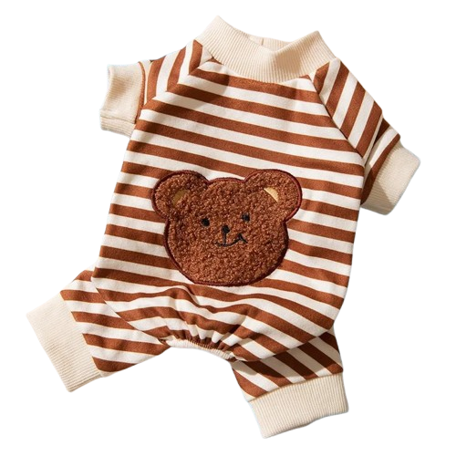 Pyjama blanc et marron à rayures avec motif ours pour Chihuahua – Confortable, idéal pour garder votre petit chien ou chat au chaud pendant la nuit