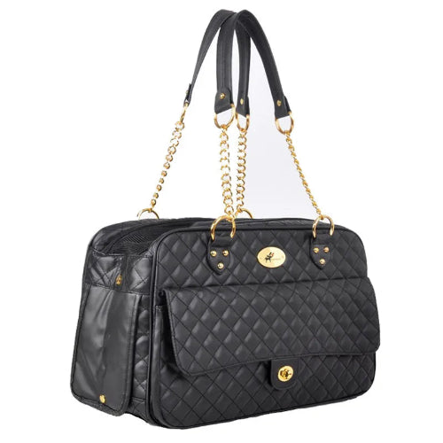 Sac bandoulière de luxe noir et doré pour transporter votre Chihuahua - pour emmener partout votre petit chien ou chat - vue de côté
