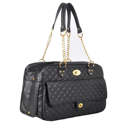 Sac bandoulière de luxe noir et doré pour transporter votre Chihuahua - pour emmener partout votre petit chien ou chat - vue de côté