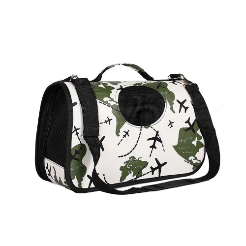 Sac bandoulière blanc et noir avec motifs voyages pour transporter votre Chihuahua - confortable pour emmener votre petit chien ou chat