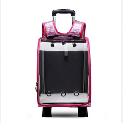 Sac à dos rose et bulle transparente pour transporter votre Chihuahua - avec roulettes pour emmener votre petit chien ou chat - vue de face