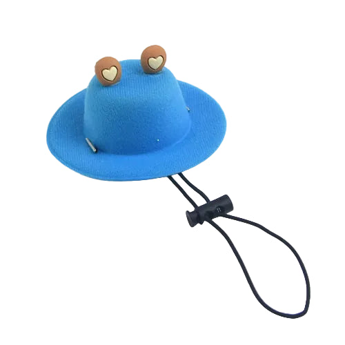 Chapeau coloré bleu pour petit chien, avec motifs sur le dessus. Accessoire élégant et amusant vendu sur la boutique Mon Petit Chihuahua. Convient aussi aux chats.
