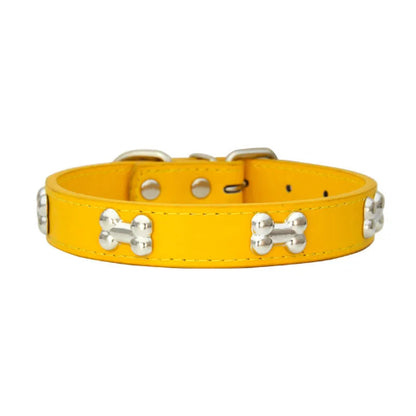 Collier pour Chihuahua en cuir jaune doré avec motifs os. Résistant pour offrir confort et sécurité à votre petit chien ou chat