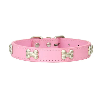 Collier pour Chihuahua en cuir rose avec motifs os. Résistant pour offrir confort et sécurité à votre petit chien ou chat