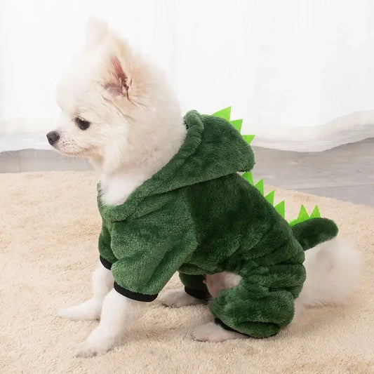 Déguisement Chihuahua : costume de dinosaure vert confortable et tendance, parfait pour les fêtes, évènements, anniversaires ou halloween – taille parfaite pour les petits chiens - vue sur chien