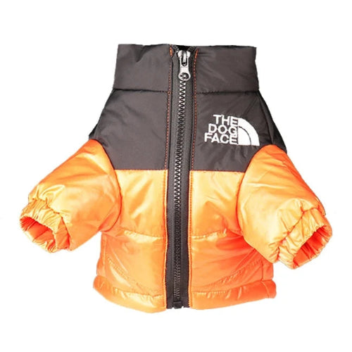 Manteau pour Chihuahua : Doudoune noire et orange the north face – Pratique et chaude, idéale pour votre petit chien ou chat