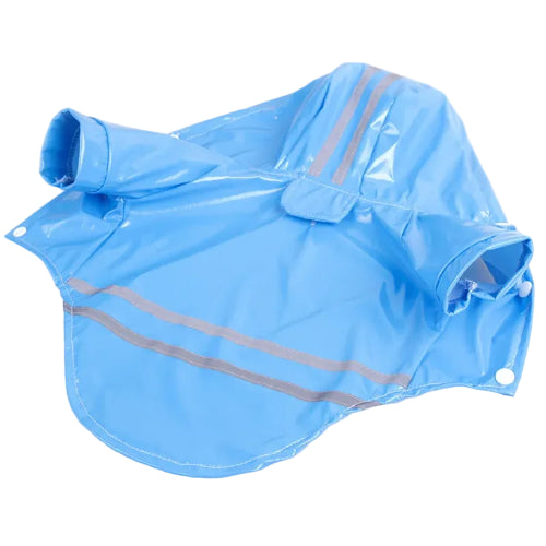 Manteau pour Chihuahua : kway imperméable bleu avec capuche. Liserés réfléchissants. Confortable, parfait pour protéger votre petit chien ou chat les jours de pluie. Vue ouvert