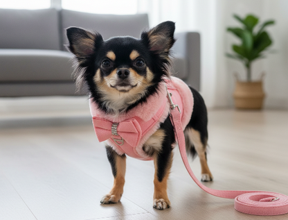 Photo d'un chihuahua qui porte un harnais pendant une balade. Illustration d'un article de blog publié sur la boutique Mon Petit Chihuahua. Thème de l'article : "Harnais ou collier pour petits chiens : que choisir ?"