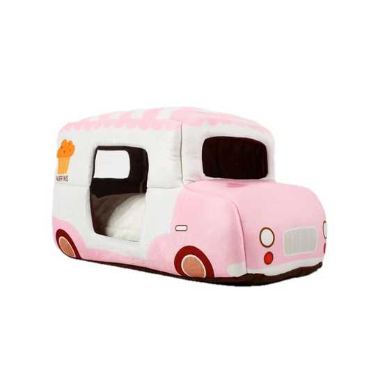 Niche pour petits chiens en forme de camion de glaces. Couleur rose. Vendu sur la boutique Mon Petit Chihuahua. Convient aussi aux Chats.
