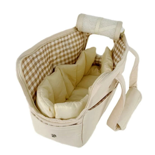 Sac de transport rigide beige à carreaux avec aérations pour Chihuahua – Idéal pour voyager avec votre petit chien ou chat avec confort